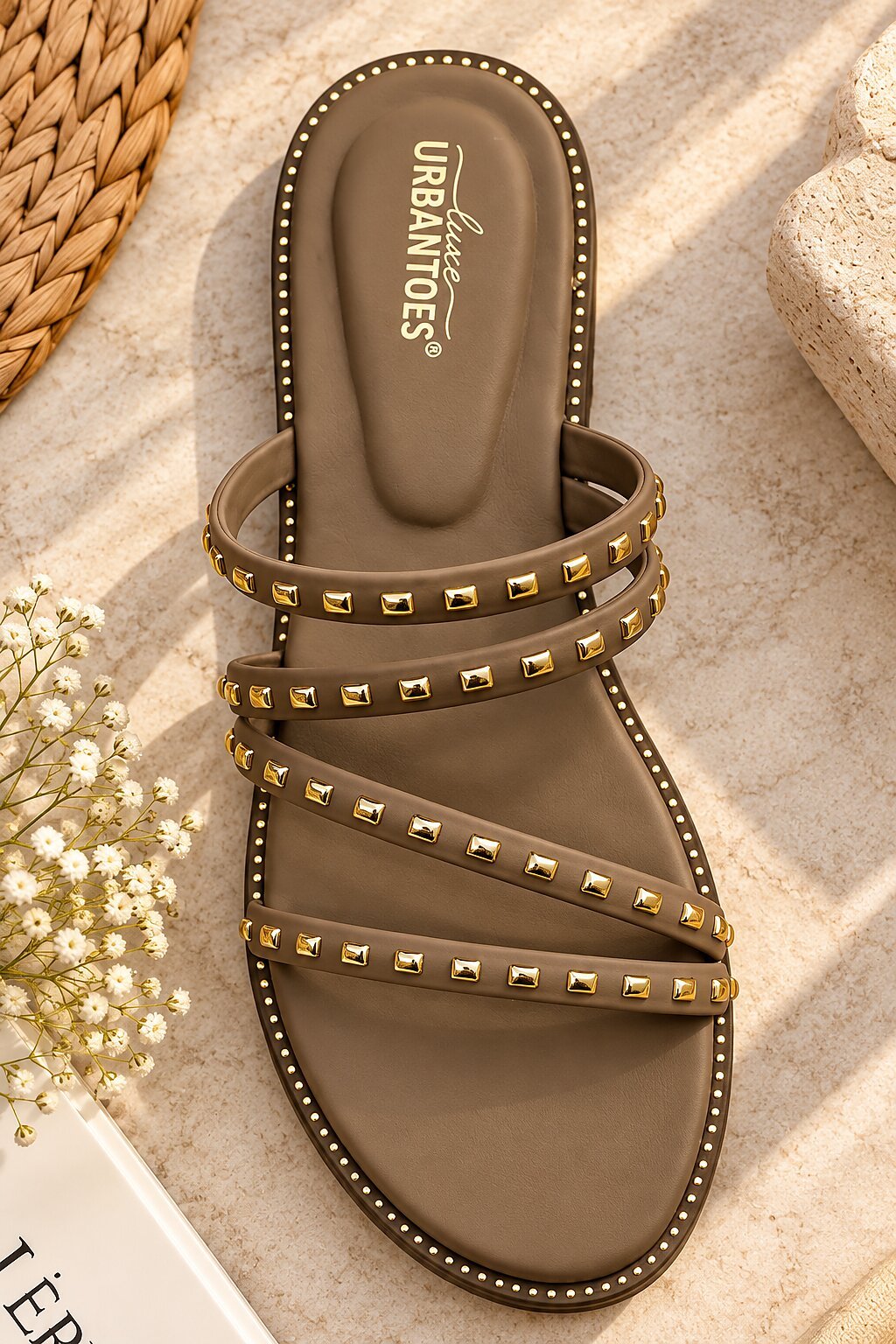 Brown Studded Flat Sandals for Women with Multi-Strap Design - Image 2