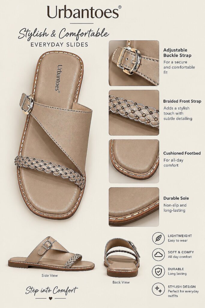 Taupe Flat Sandals for Women with Braided Beaded Strap & Buckle