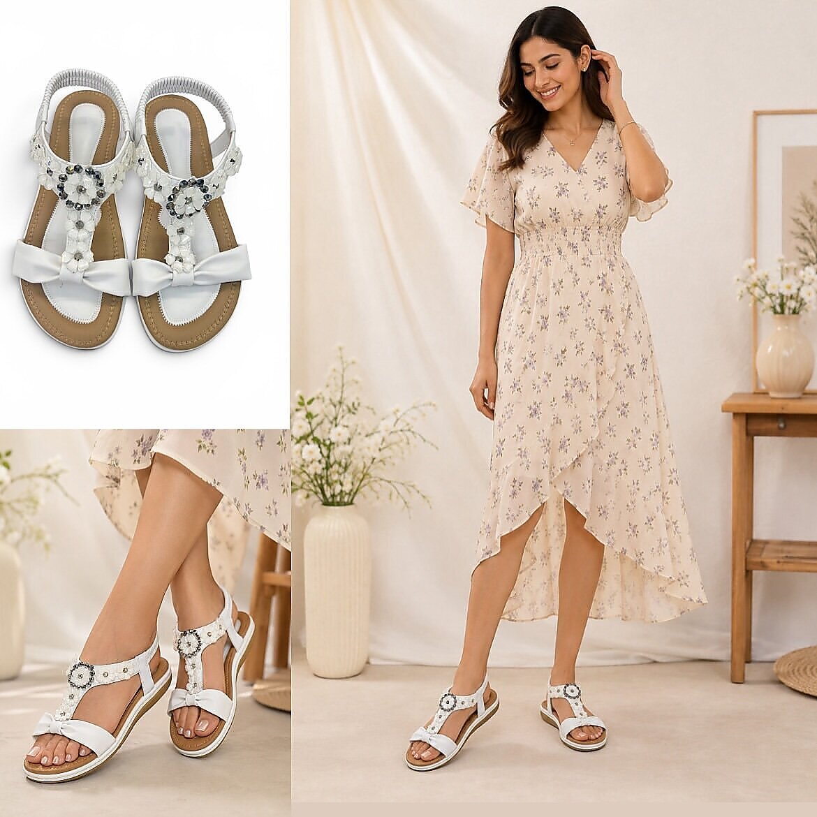 White Floral Embellished Flat Sandals for Women - Image 3