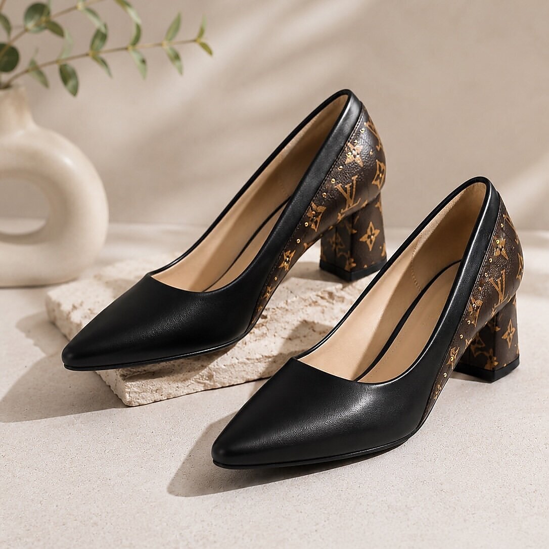 Black Printed Block Heel Pumps for Women - Image 2