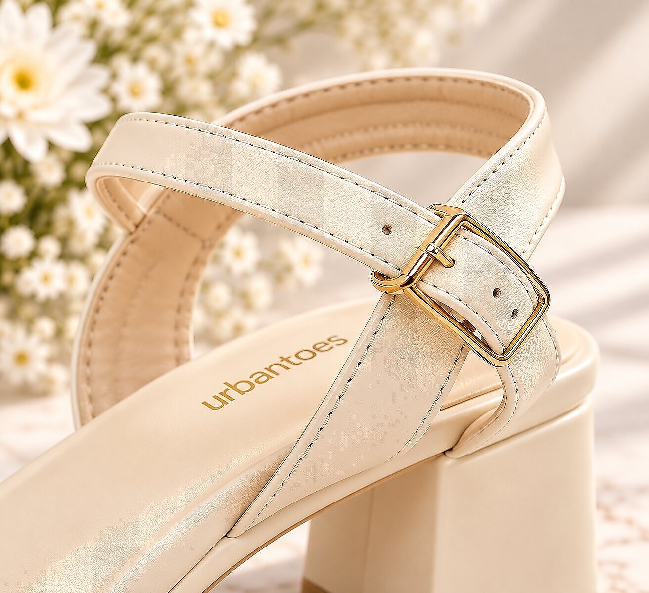 Cream Block Heel Sandals for Women with Ankle Strap & Buckle - Image 5