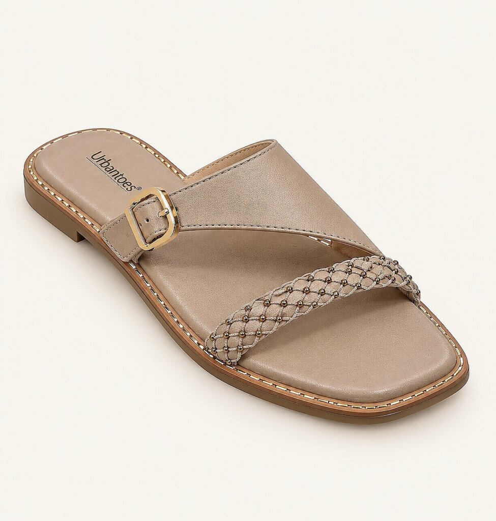 Taupe Flat Sandals for Women with Braided Beaded Strap & Buckle