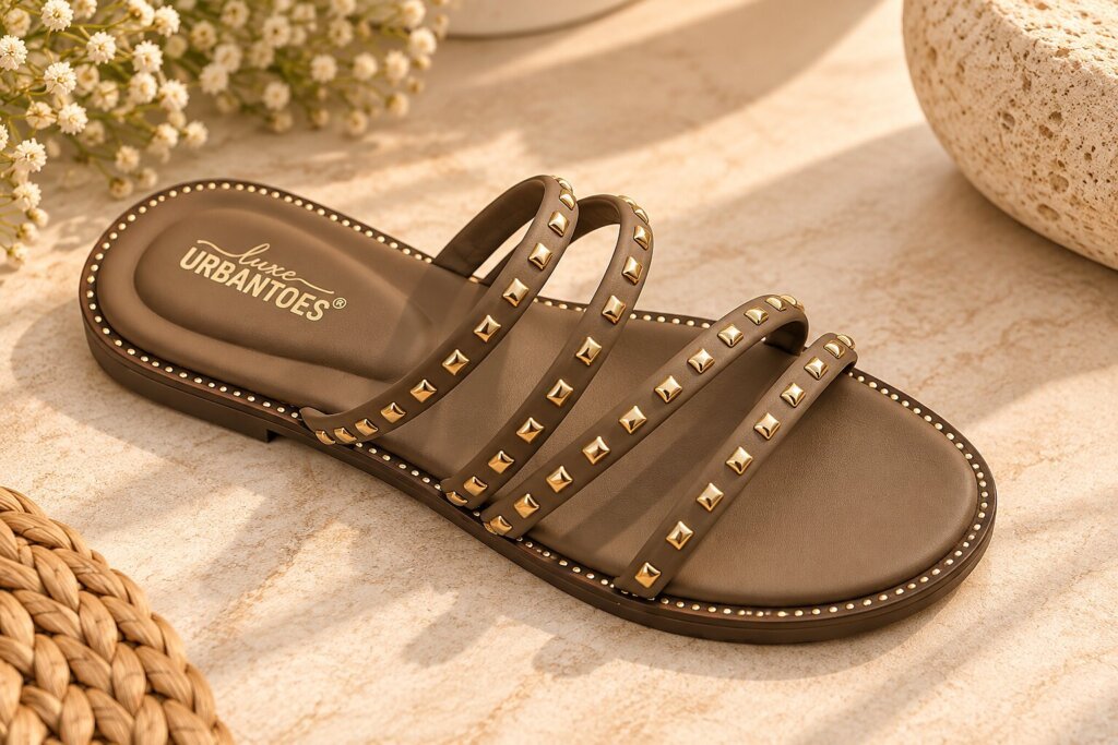 Brown Studded Flat Sandals for Women with Multi-Strap Design
