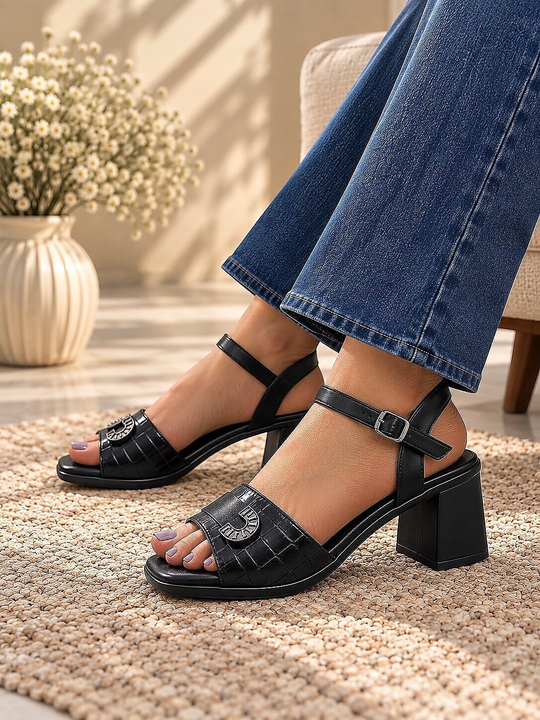 black block heel sandals for women