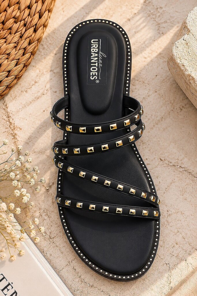 Black Studded Flat Sandals for Women with Multi-Strap Design
