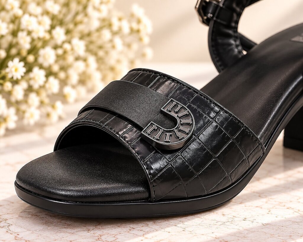 Black Block Heel Sandals for Women with Ankle Strap & Buckle