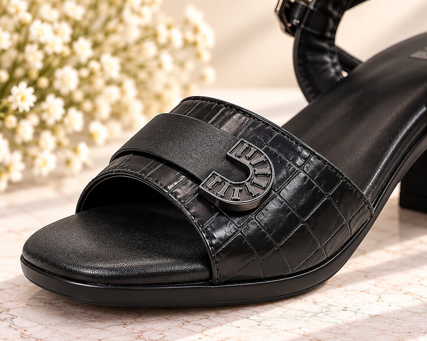 Black Block Heel Sandals for Women with Ankle Strap & Buckle - Image 4