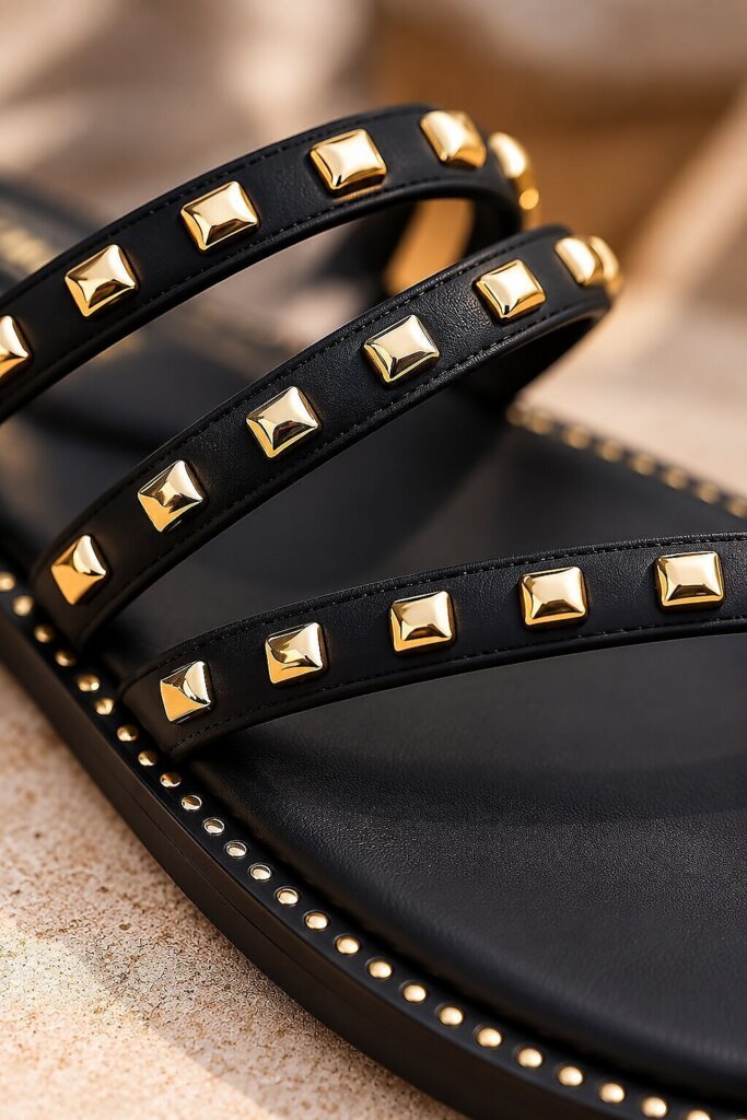 Black Studded Flat Sandals for Women with Multi-Strap Design