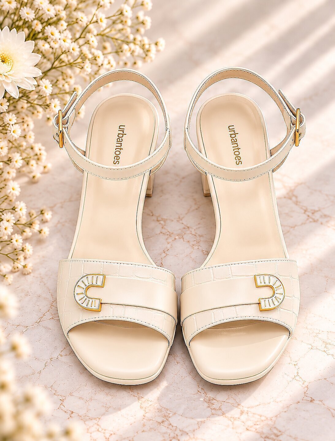Cream Block Heel Sandals for Women with Ankle Strap & Buckle - Image 3