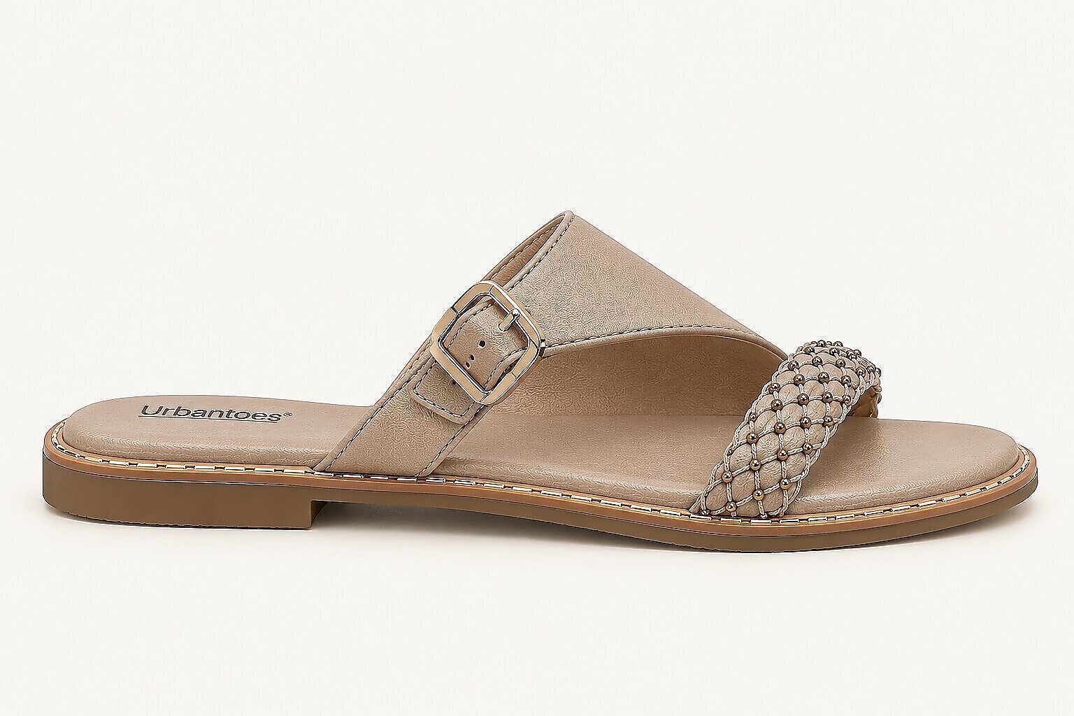 Taupe Flat Sandals for Women with Braided Beaded Strap & Buckle - Image 5