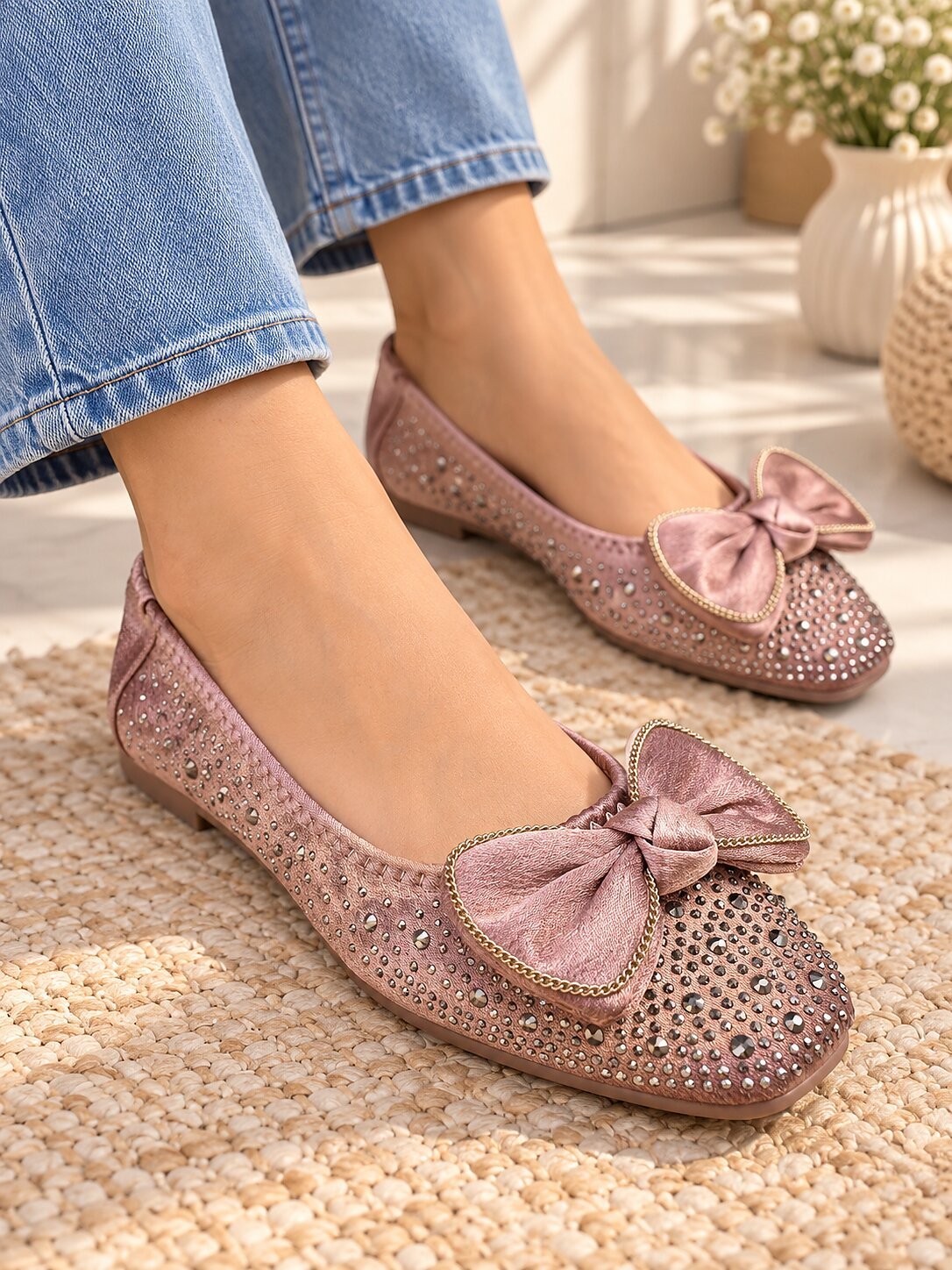 Rosegold Ballerina Flats for Women with Bow & Embellished Detailing | UrbanToes - Image 2