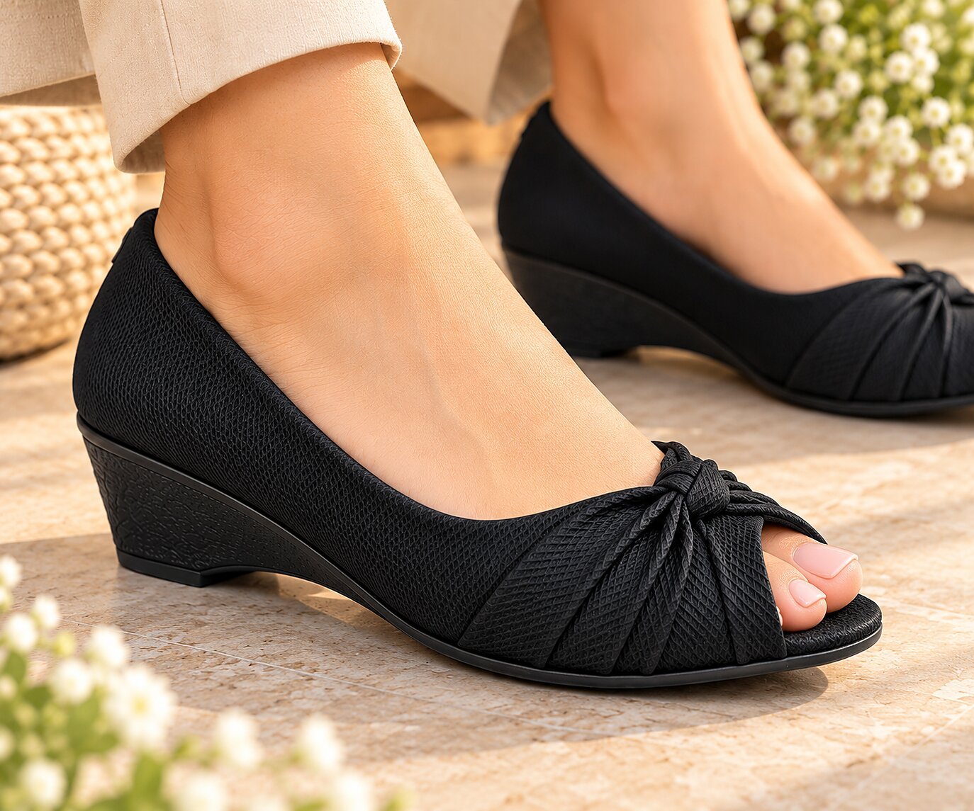 Women Black Peep-Toe Wedge Heels with Bow Detail - Image 4