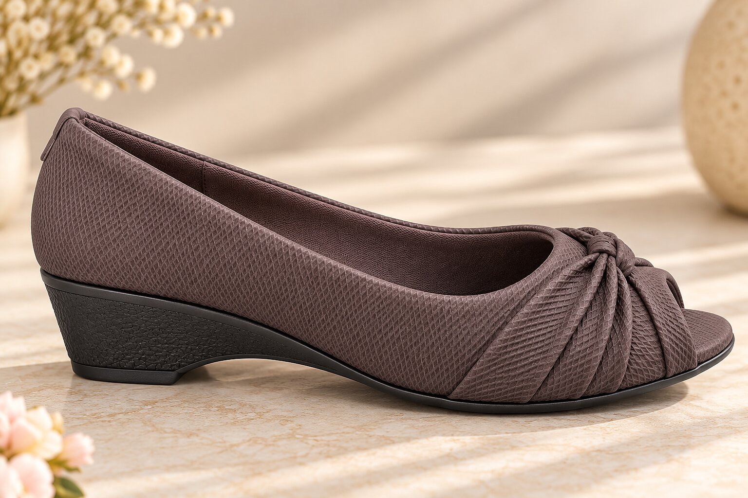 Women Brown Peep-Toe Wedge Heels with Bow Detail - Image 2