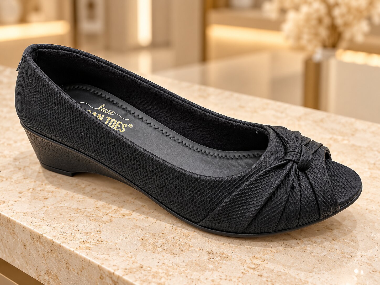 Women Black Peep-Toe Wedge Heels with Bow Detail - Image 3