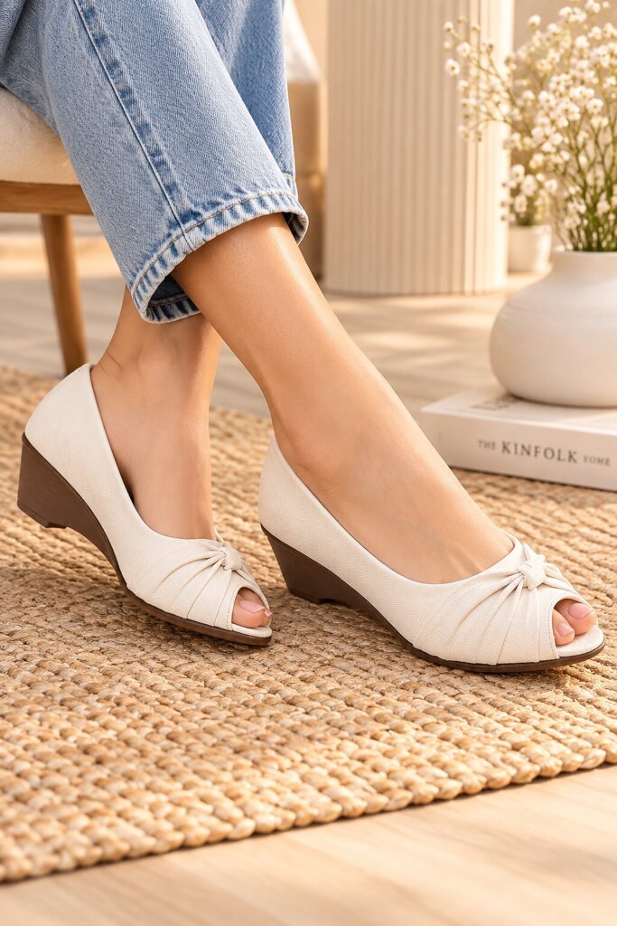 Women White Peep-Toe Wedge Heels with Bow Detail
