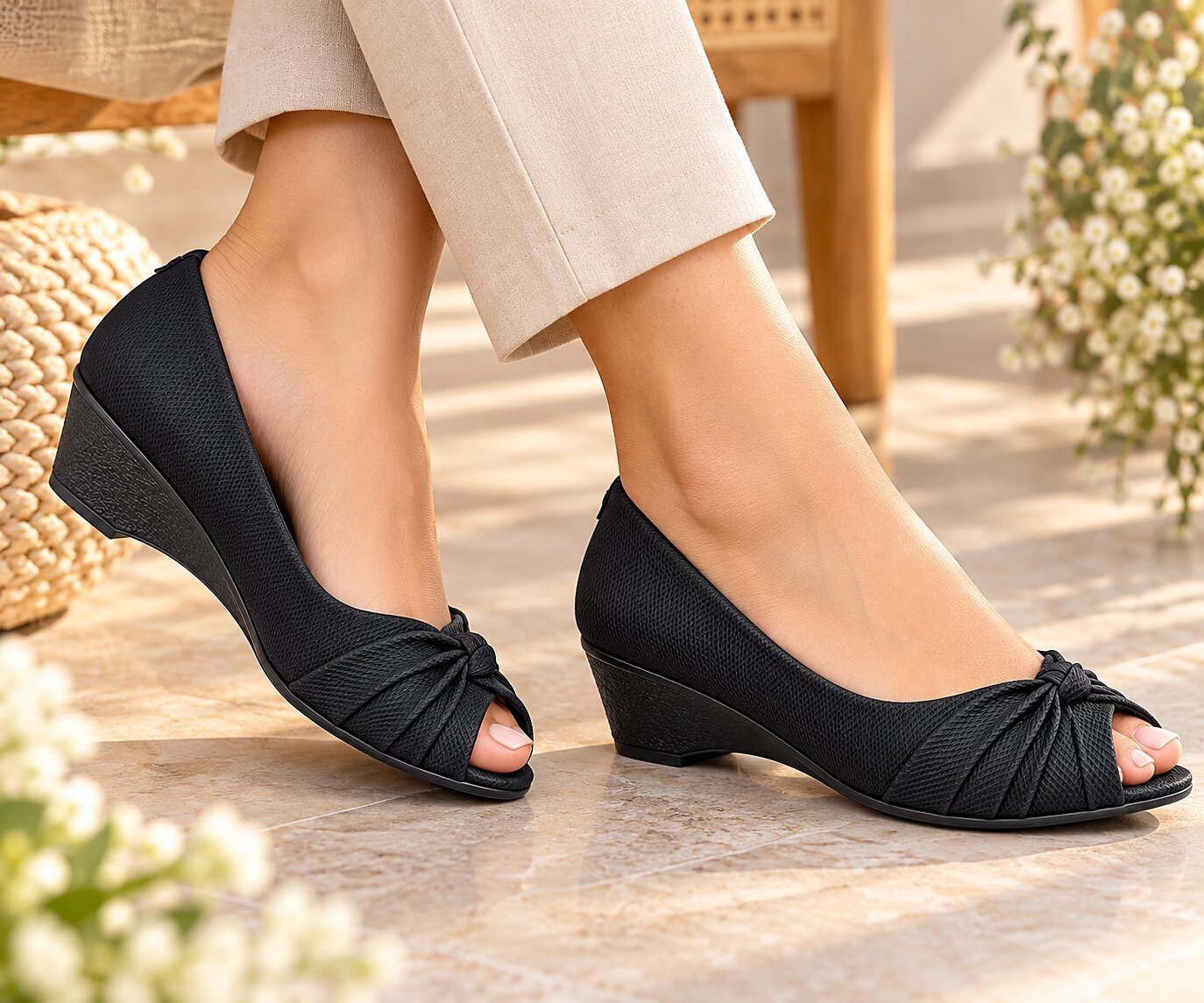 Women Black Peep-Toe Wedge Heels with Bow Detail - Image 2