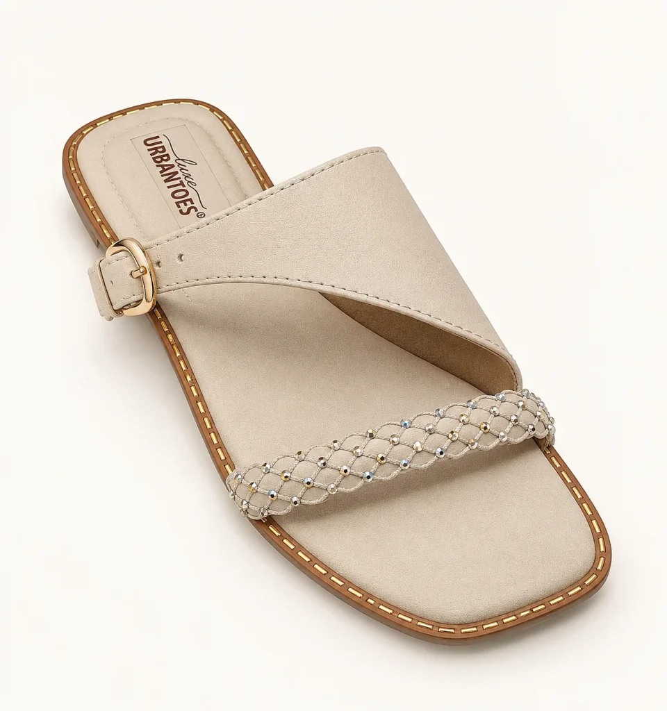 Cream Flat Sandals for Women with Braided Beaded Strap & Buckle