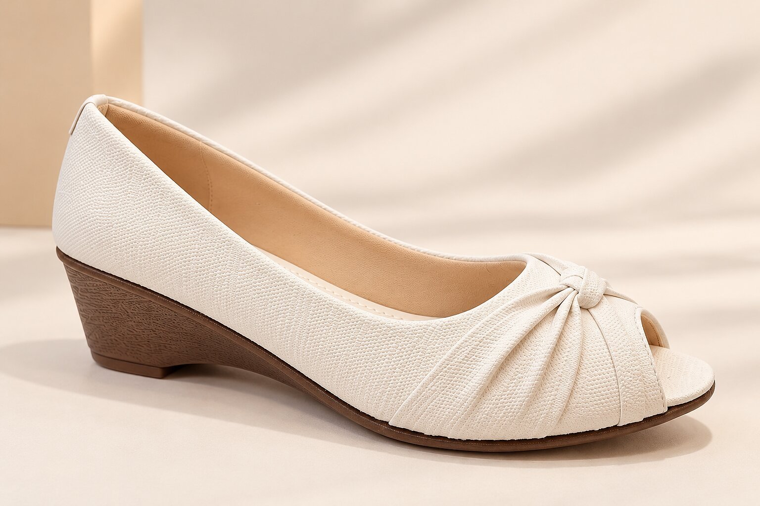 Women White Peep-Toe Wedge Heels with Bow Detail - Image 4