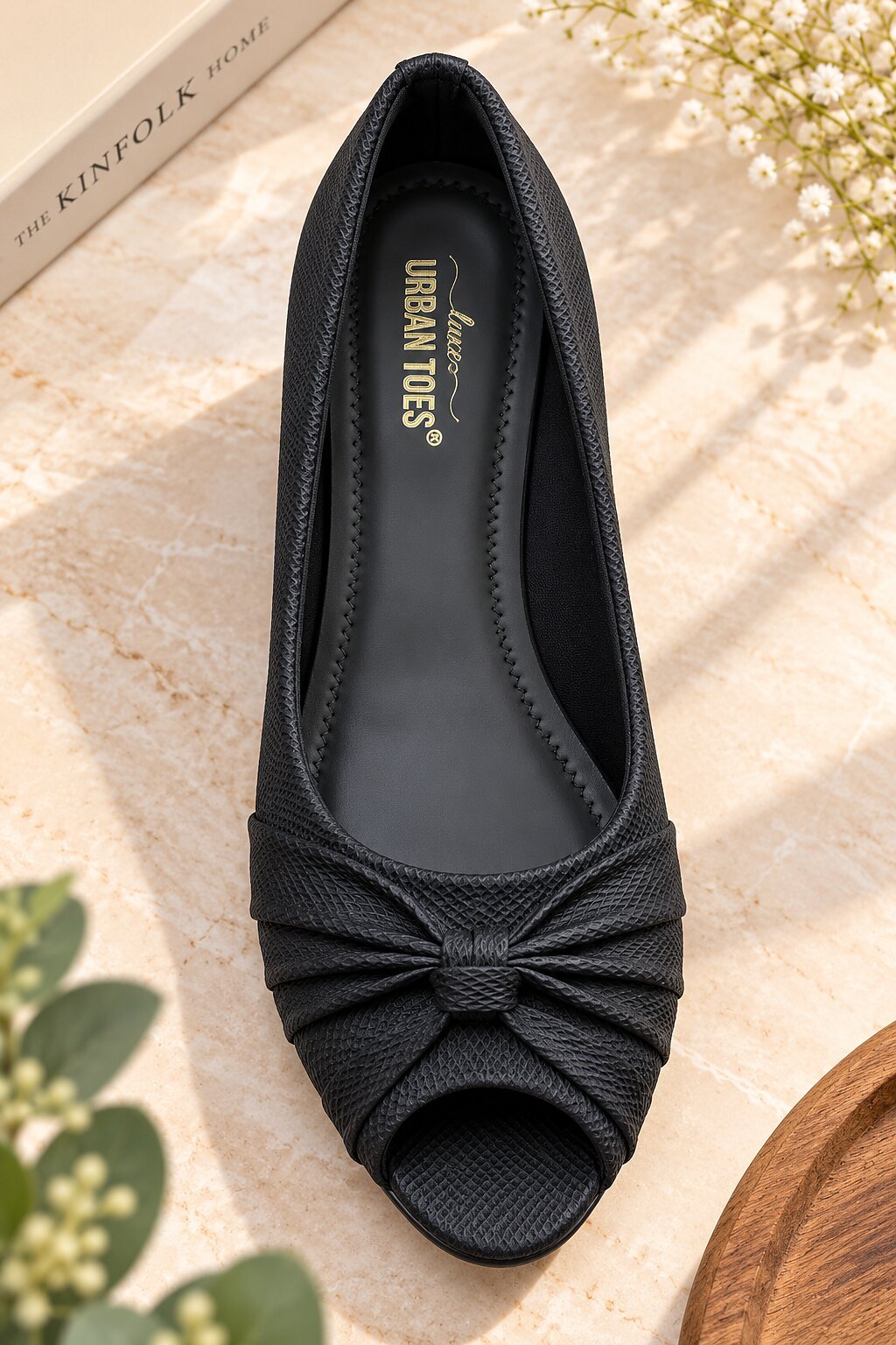 Women Black Peep-Toe Wedge Heels with Bow Detail - Image 5