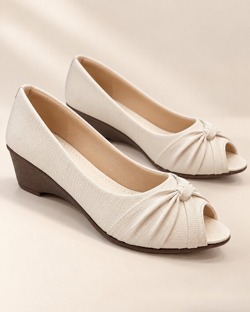 Women White Peep-Toe Wedge Heels with Bow Detail