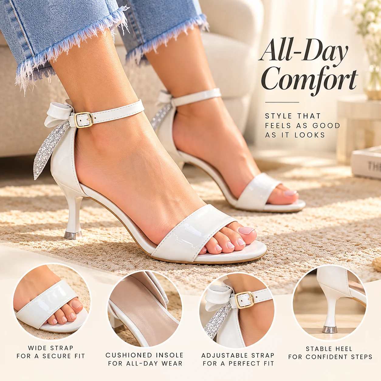 Women’s White Ankle-Strap Block Heels with Cushioned Insole