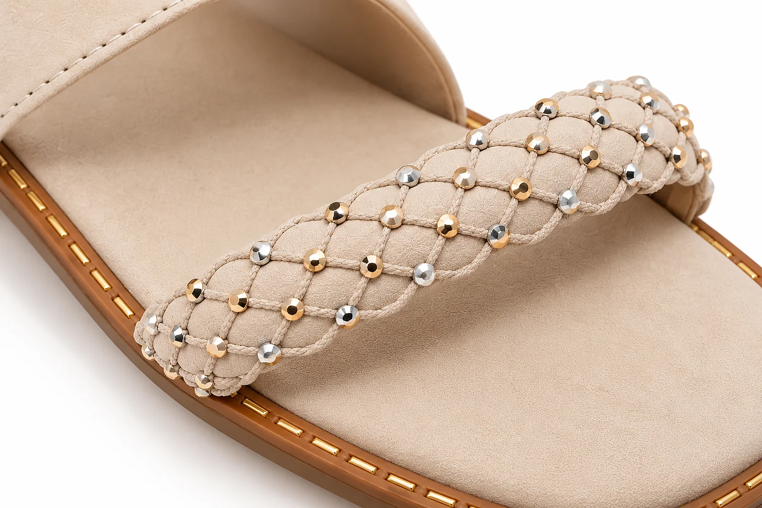Cream Flat Sandals for Women with Braided Beaded Strap & Buckle - Image 5