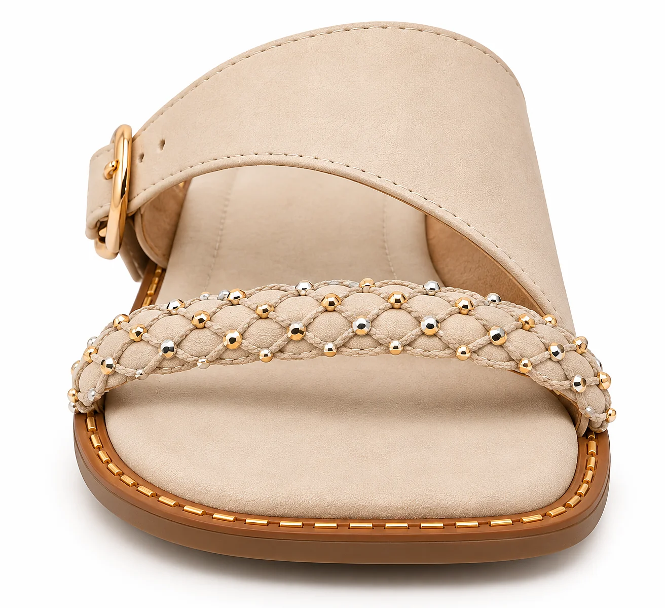 Cream Flat Sandals for Women with Braided Beaded Strap & Buckle - Image 4