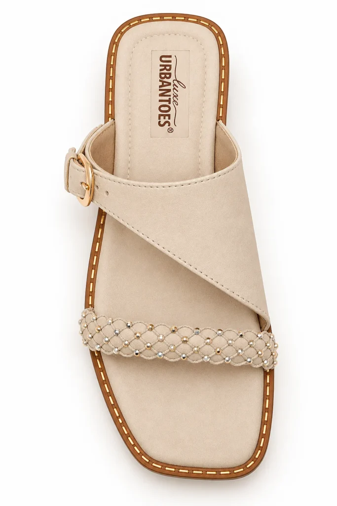 Cream Flat Sandals for Women with Braided Beaded Strap & Buckle