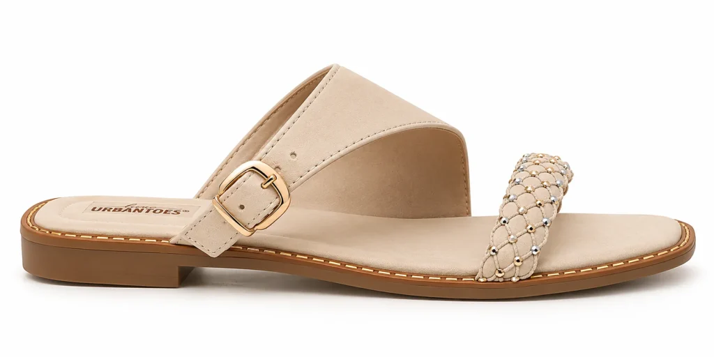 Cream Flat Sandals for Women with Braided Beaded Strap & Buckle