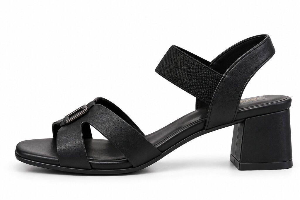 Women Black Block Heels with Gold Buckle Detail