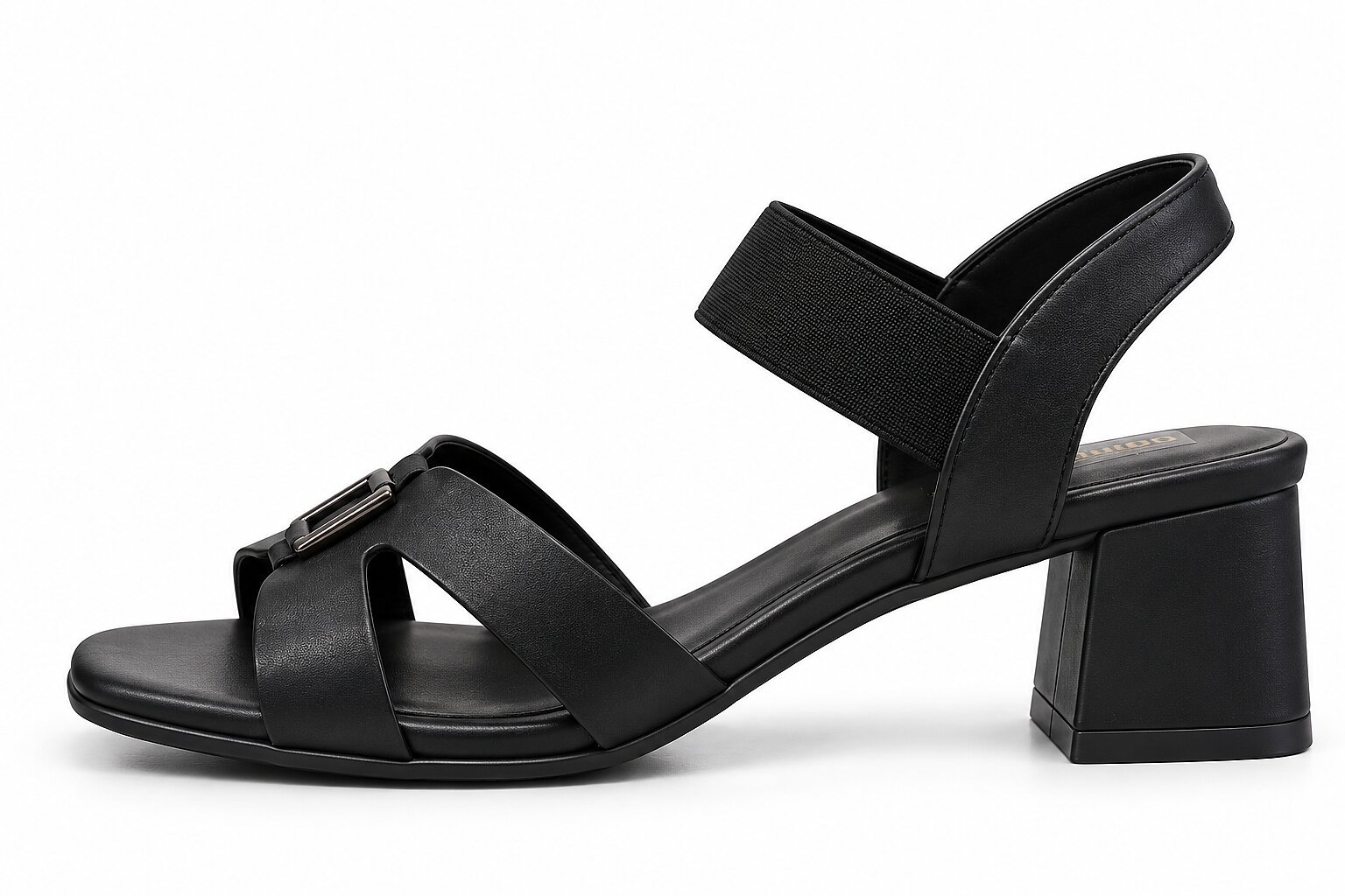 Women Black Block Heels with Gold Buckle Detail - Image 2
