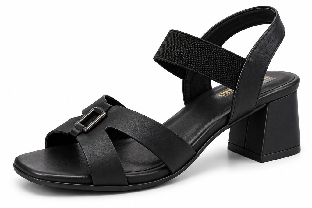 Women Black Block Heels with Gold Buckle Detail