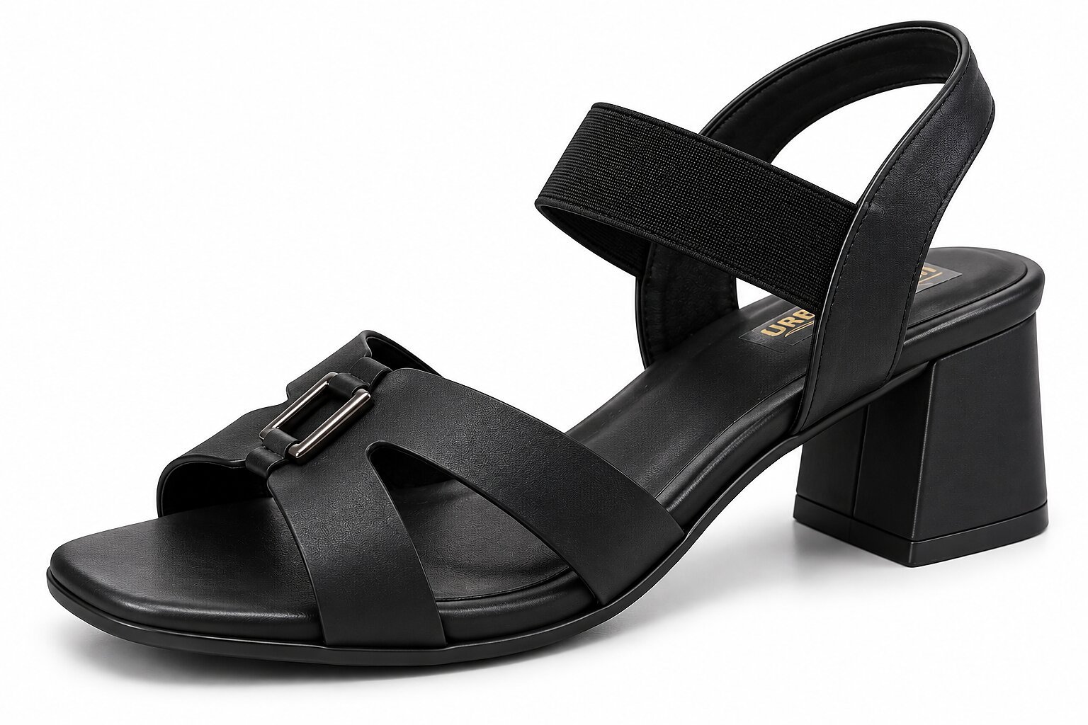 Women Black Block Heels with Gold Buckle Detail - Image 3