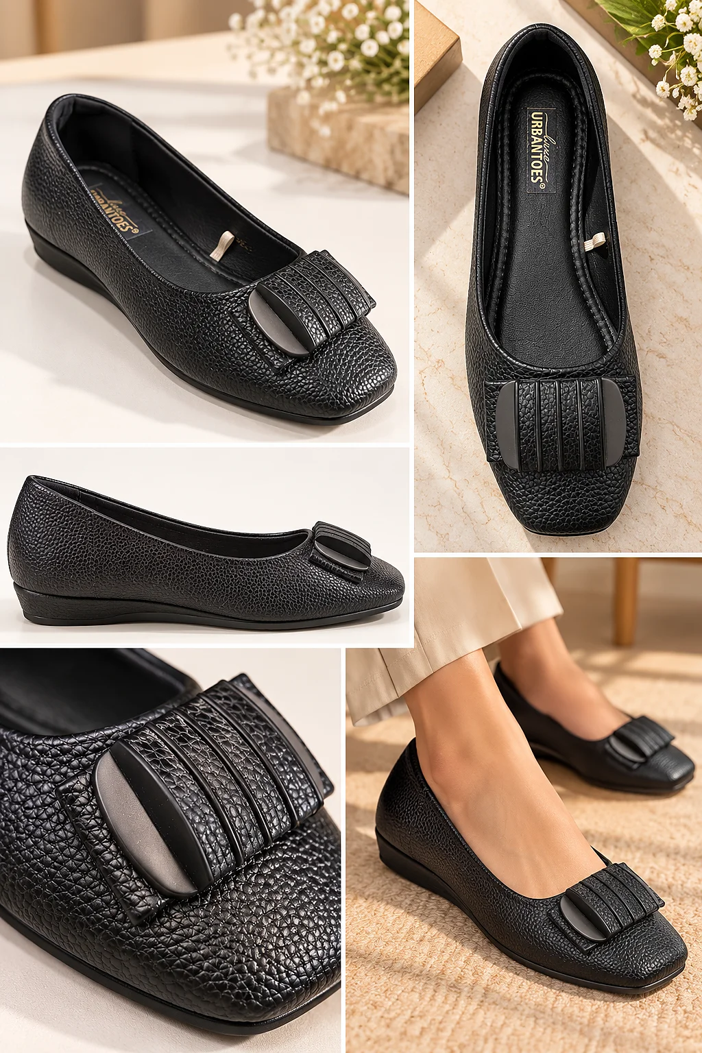Women’s Black Wedge Ballet Flats with Textured Finish - Image 5
