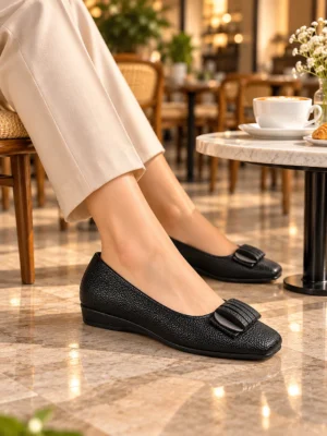 Women’s black wedge ballet flats with textured finish and buckle detail