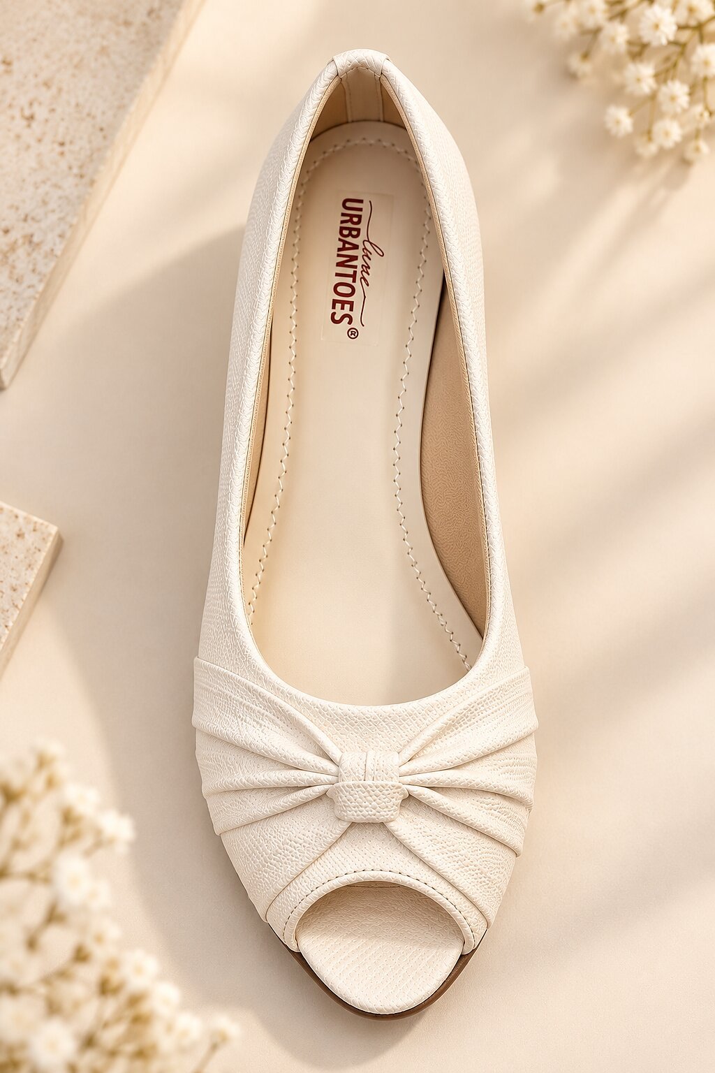 Women White Peep-Toe Wedge Heels with Bow Detail - Image 3