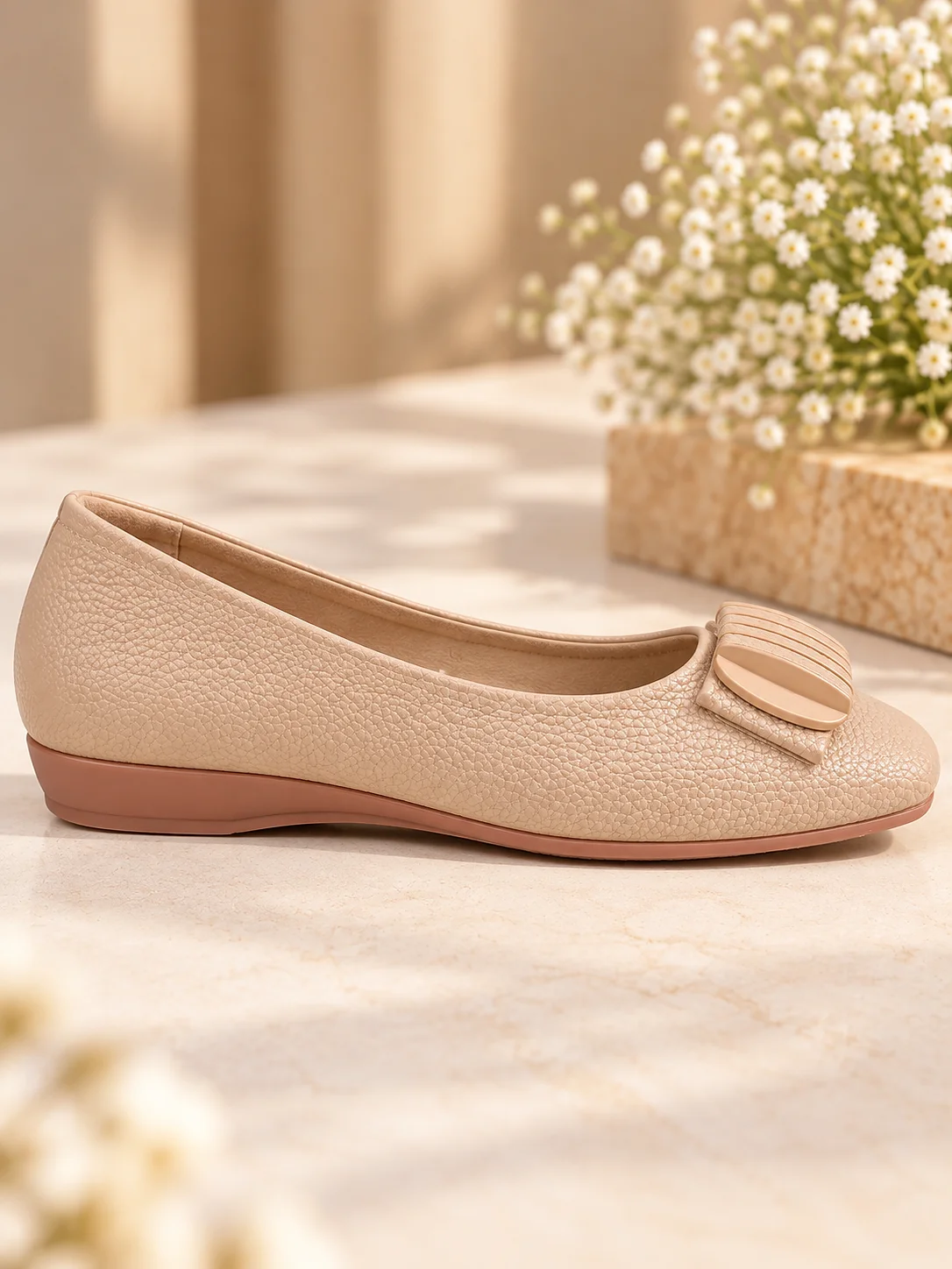 Women’s Beige Wedge Ballet Flats with Textured Finish - Image 4