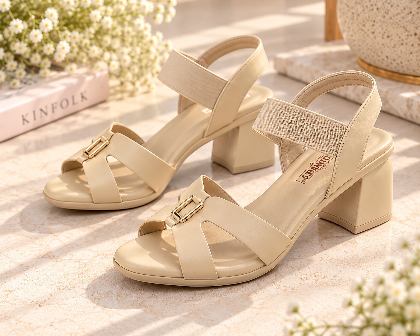 Women Beige Block Heels with Gold Buckle Detail - Image 2