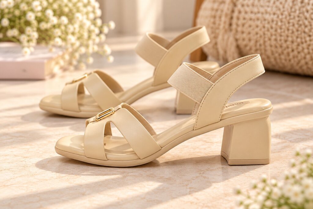 Women Beige Block Heels with Gold Buckle Detail