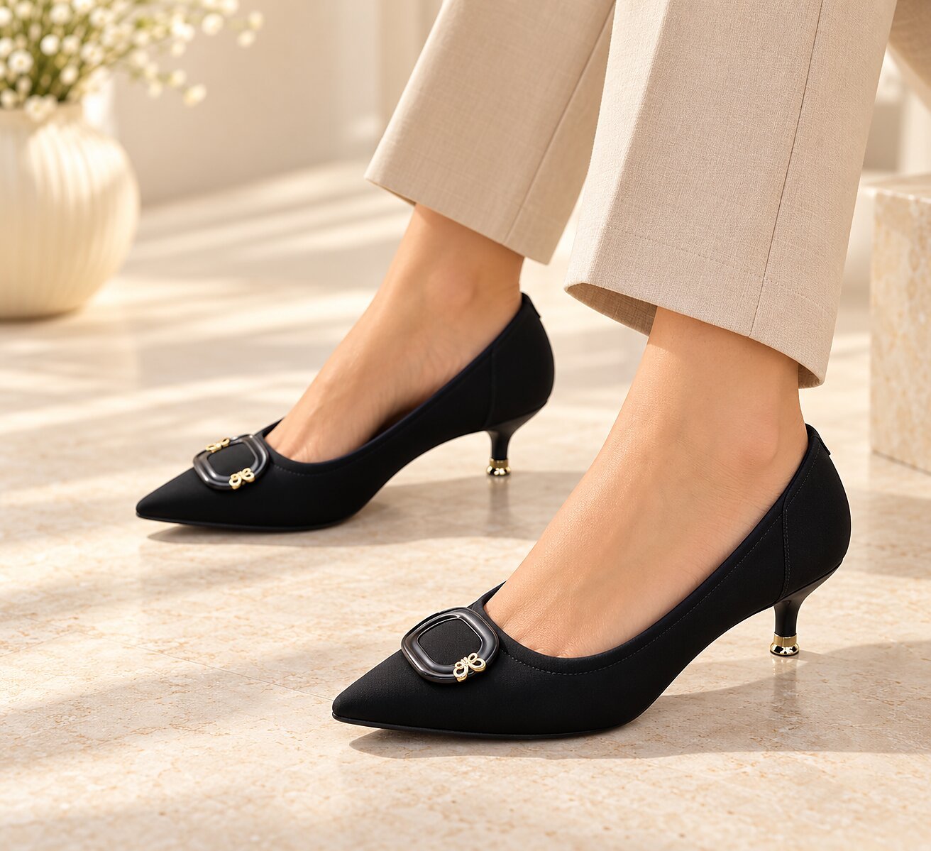 Women Black Pointed-Toe Kitten Heels with Gold Buckle Detail - Image 2