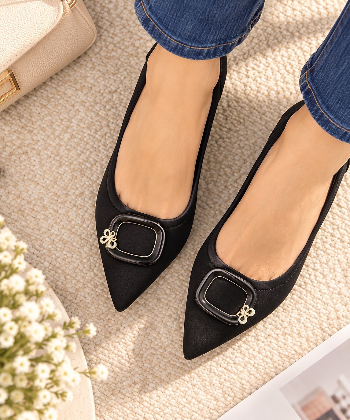 Women Black Pointed-Toe Kitten Heels with Gold Buckle Detail - Image 3
