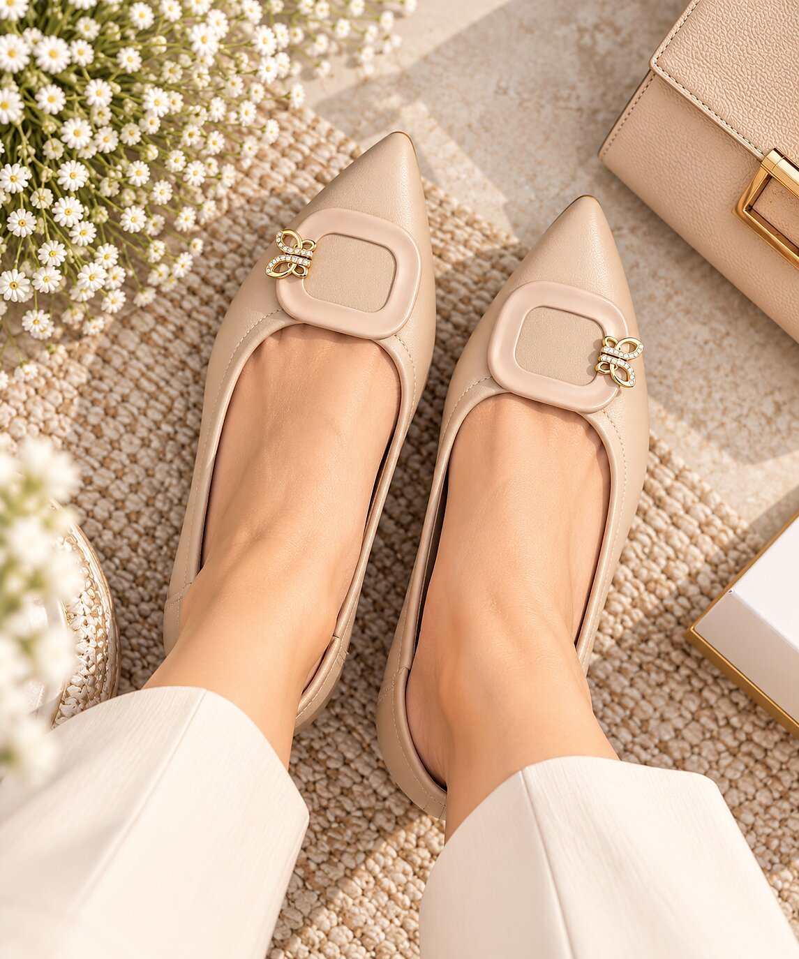 women beige pointed toe kitten heels