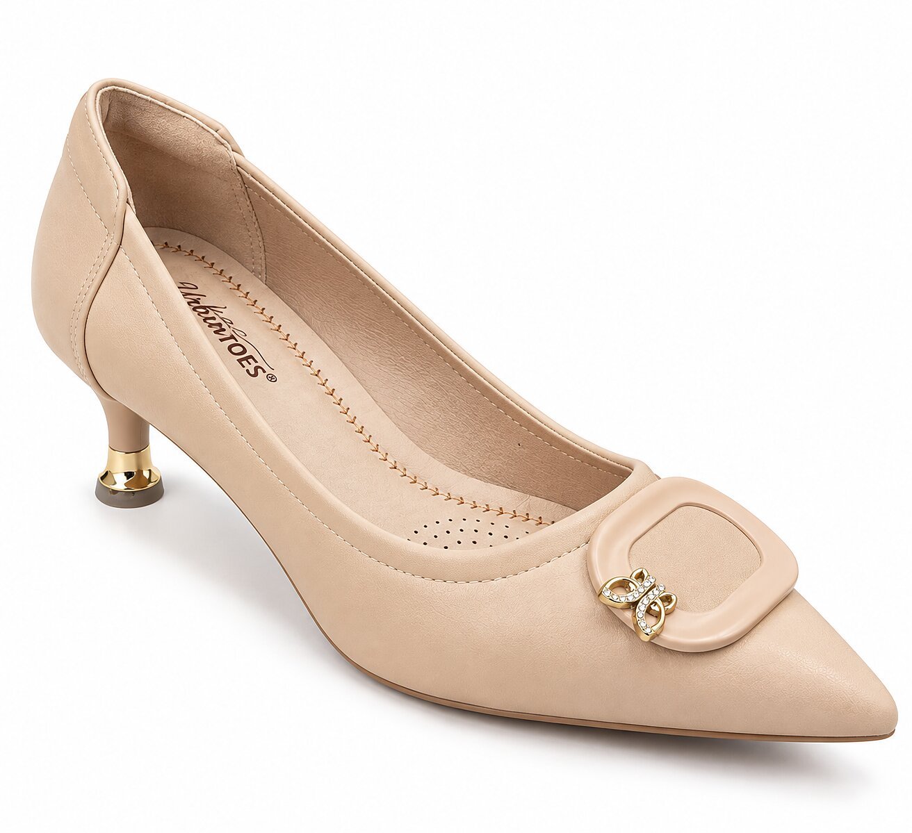 Women Beige Pointed-Toe Kitten Heels with Gold Buckle Detail - Image 2