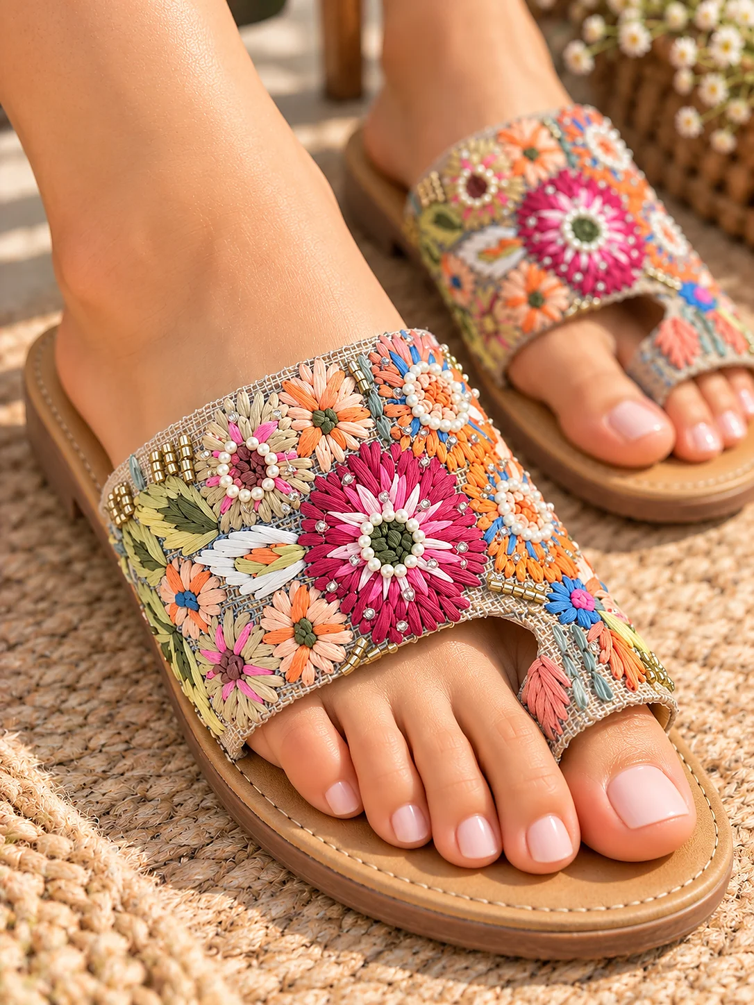 Women’s Multicolour Floral Embroidered Flat Slides