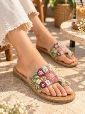embroidered floral slides for women