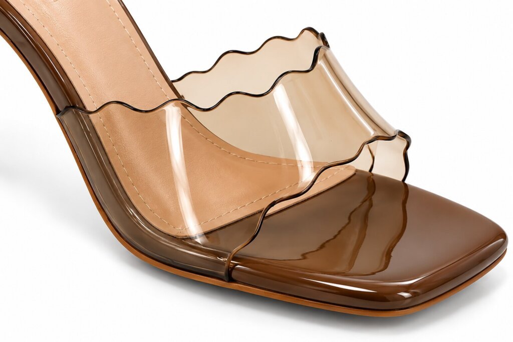 Women Brown Transparent Mule Heels with Gold Sculptural Heel