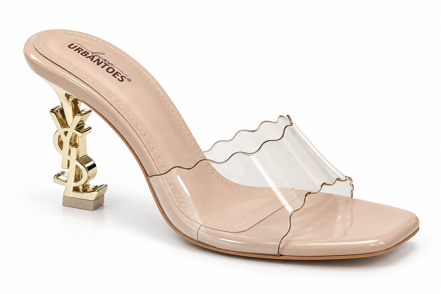 Women Nude Transparent Mule Heels with Gold Sculptural Heel - Image 3