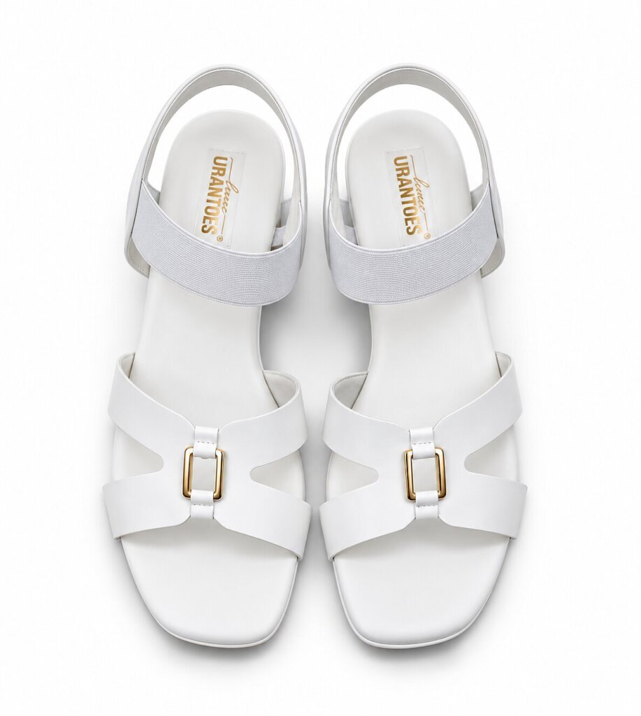 Women White Block Heels with Gold Buckle Detail