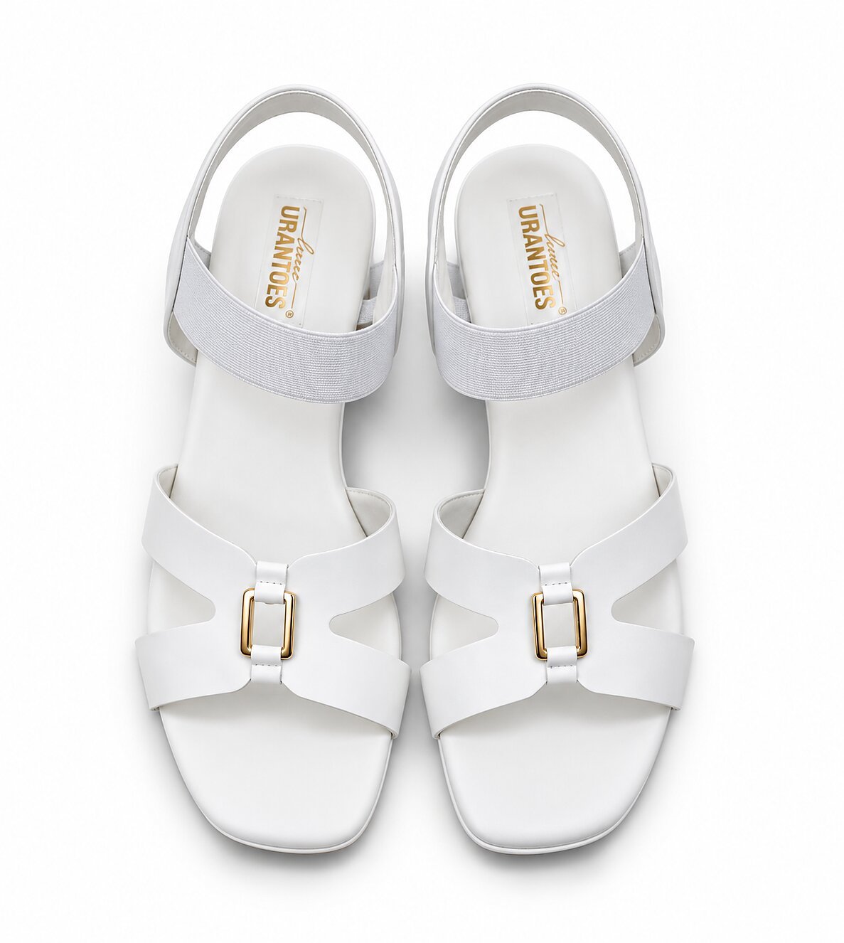 Women White Block Heels with Gold Buckle Detail - Image 2