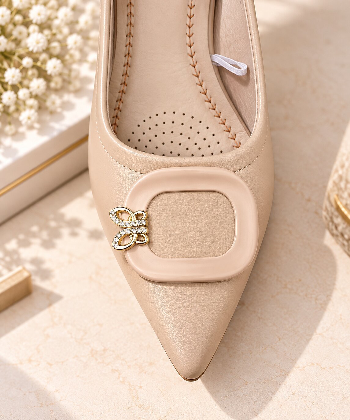 Women Beige Pointed-Toe Kitten Heels with Gold Buckle Detail - Image 5